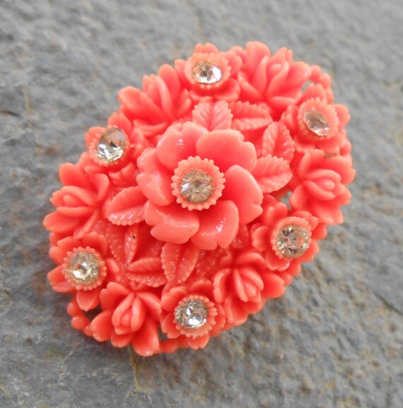 Vintage Coral "Carved" Celluloid Rose Rhinestone … - image 4