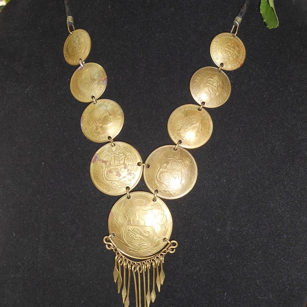 1980's Peruvian Centavos Coin Necklace Pierced Earrings Set