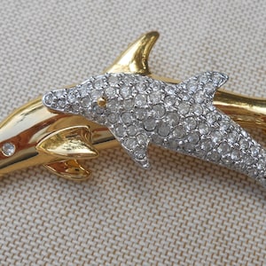 Signed Swarovski Crystal Rhinestone Dolphin Brooch