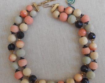Mid Century Lisner Two Strand Spun Cotton Beaded Necklace Original Hang Tag
