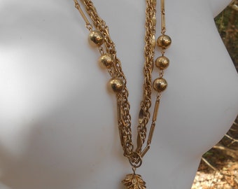 1970's Gold Tone Multi Strand Chain Beaded Tassel Necklace