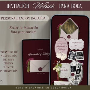 Personalized Digital Wedding Invitation Website in Spanish, Realistic Collage Style Scrapbook Old Money, Wine Red RSVP Interactive Links