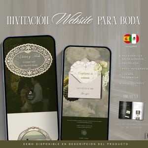 Puede incluir: Dos teléfonos inteligentes muestran una plantilla de sitio web de invitación de boda digital con fondos florales, un marco de encaje ornamentado, un gráfico de sobre en forma de corazón y texto que incluye "Invitación Website para Boda".