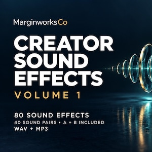 Könnte beinhalten: Ein digitales Produktcover für Marginworks Co Creator Sound Effects Volume 1. Der Text lautet 80 sound effects, 40 sound pairs, A + B included, WAV + MP3. Eine Grafik aus konzentrischen goldenen Ringen strahlt auf einem dunkelblauen Hintergrund.