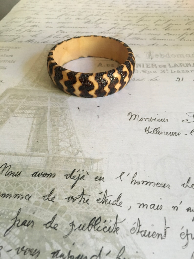 Wooden Jewellery Wooden Bangle with a thick Wavy Design using Pyrography and Resin