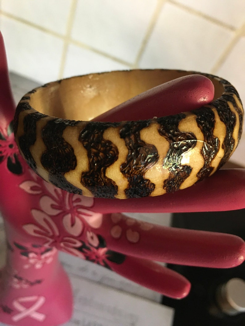 Wooden Jewellery Wooden Bangle with a thick Wavy Design using Pyrography and Resin