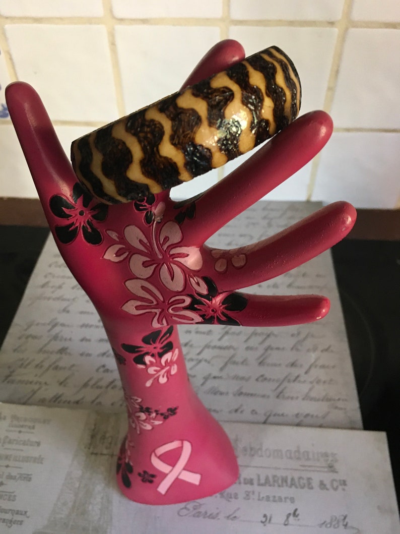 Wooden Jewellery Wooden Bangle with a thick Wavy Design using Pyrography and Resin