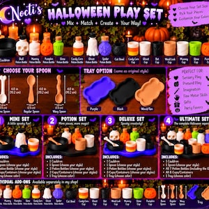 May include: A Halloween play set featuring miniature potion bottles, cups, and cauldrons in various shapes like skulls, pumpkins, and ghosts. Includes bone, regular, and wavy spoons measuring 4.0 inches by 1.0 inch, plus trays in purple, black, and tan.