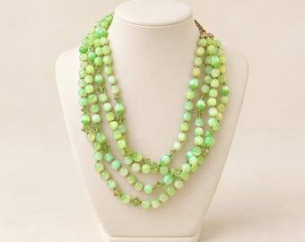Vintage Signed Lisner Three-Strand Green Moonglow Lucite Necklace - Mid Century Faux Jade Costume Jewelry