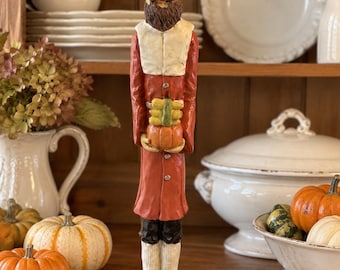 Vintage Tall Hand-Painted Pilgrim Figurine with Original Box - 12-inch Thanksgiving Harvest Decor