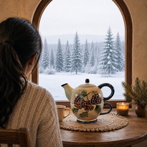 May include: A ceramic tea-for-one set featuring a teapot stacked atop a matching teacup. The cream-colored surface is decorated with painted brown pinecones and green pine needles. The set has a dark blue handle and a matching blue lid knob.