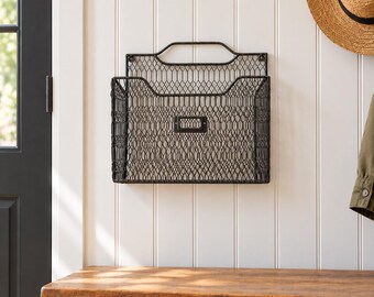 Metal Wire Wall Pocket Basket with Label Holder | Industrial Farmhouse Organizer