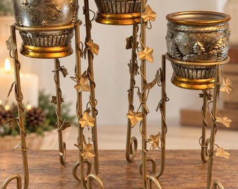 Vintage-Style Graduated Gold Metal Ivy Stands with Winter Woodland Containers - Married Set of 6