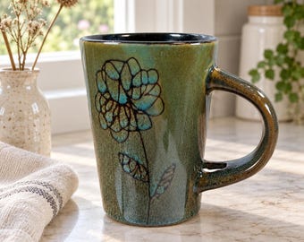 Retro Japanese Pottery Olive Green and Blue Mug with Stylized Flower