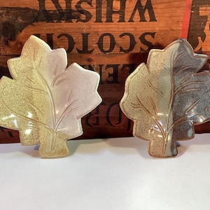 May include: Two ceramic leaf-shaped dishes. One is light yellow and pink, the other is brown and blue-grey. Both have detailed leaf vein patterns. The dishes are on a white surface with a wooden background.