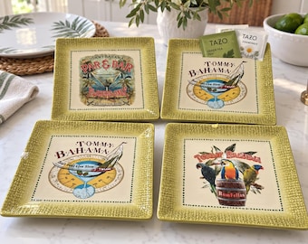 Tommy Bahama Cocktail Plates Set of 4 | 6 Inch Square Ceramic Appetizer Plates | Rum Fellas Parrots Par & Bar Nautical Decor
