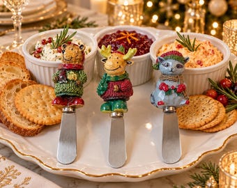 Set of 3 Whimsical Winter Animal Spreaders - Bear, Moose, & Raccoon
