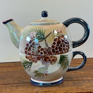 Iridescent Tea For One Tea Pot and Cup - Featuring Pine Greenery