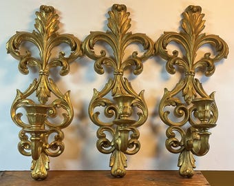 Vintage Burwood Gold Fleur-de-Lis Wall Candle Sconces - Set of 3 - Hollywood Regency Wall Decor