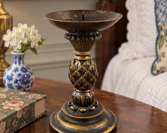 Vintage Early to Mid-2000s Pineapple Pillar Candle Holder - Distressed Gold and Dark Brown