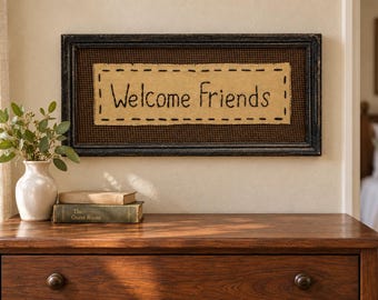 Framed “Welcome Friends” Stitched Fabric Sign | Primitive Country Wall Décor | 16 × 8 Inches