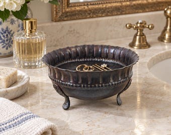 Vintage Dark Patina Footed Metal Bowl with Shell Feet - Scalloped Decorative Centerpiece