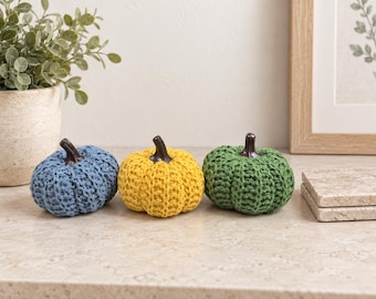 Crocheted Pumpkin Set of 3 - Blue Yellow Green Fall Decor - Handmade Stuffed Pumpkins
