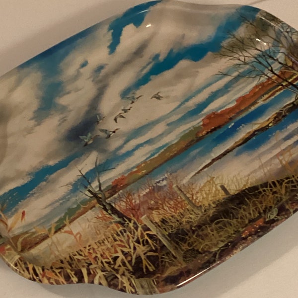 English Tin Tray by Elite Featuring Pastoral Lake Scene with Pheasant