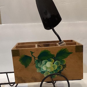 Super Rustic Useful Garden Tool Caddy or other Small tool Storage. - Cart painted with Grapes - Wrought Iron Details