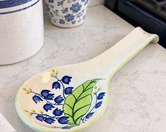 Vintage Ceramic Spoon Rest Blue Floral Green Leaf Hanging Kitchen Utensil Holder 8.5 Inch