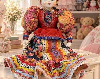 Large 20” Hungarian Folk Art Doll Eastern European Costume Porcelain Face Handmade Display Doll