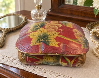 Vintage Nippon Ceramic Trinket Box Red Grapevine Design Gold Accents Japanese Lidded Dresser Box