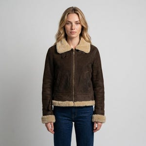 Vintage Shearling Aviator Jacket, Faux Suede Leather Bomber Coat, Women's 90s Brown Flight Jacket