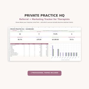 Op de afbeelding: Een digitaal spreadsheet-dashboard getiteld PRIVATE PRACTICE HQ Referral + Marketing Tracker for Therapists. Het toont statistieken zoals totaal aantal aanvragen, nieuwe cliënten, retentiepercentage, marketinguitgaven en een staafdiagram.