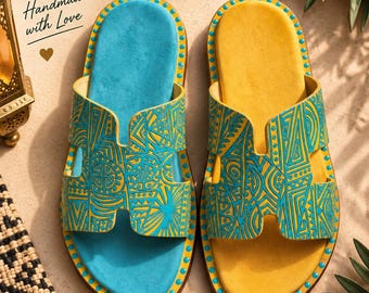 Hand-Painted Moroccan Leather Sandals, Tribal Pattern Slides, Handmade Unisex Shoes