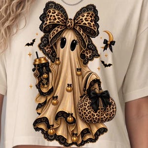 Halloween PNG  design ghoast Leopard Bow & Pumpkin Purse | Cute Glam Ghost Tshirt Design Sublimation