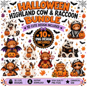 Peut inclure: Un ensemble de graphiques numériques comprenant dix illustrations sur le thème d'Halloween de vaches Highland et de ratons laveurs costumés, avec citrouilles, chauves-souris et fantômes, et le texte HALLOWEEN HIGHLAND COW & RACCOON BUNDLE.