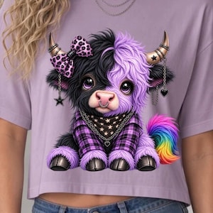 Purple Gothic Highland Cow Png, Dolly Png Design, Cute Cow Png, Coquette Cow Clipart, Halloween Png Design, Fall Png Design, Trendy Shirt De