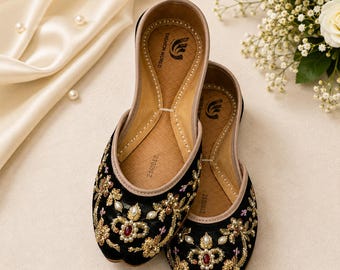 Embroidered Khussa Shoes Jutti for Women, Handmade Punjabi Flats, Traditional Ethnic Footwear, Wedding & Festive Slip On Shoes