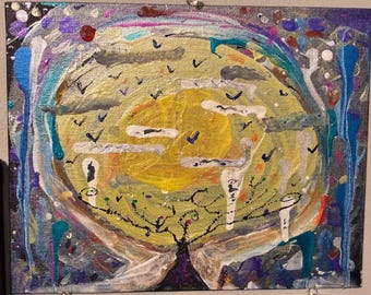 Vibrant Abstract Moon Painting on Canvas Board (8x10) – Whimsical Art