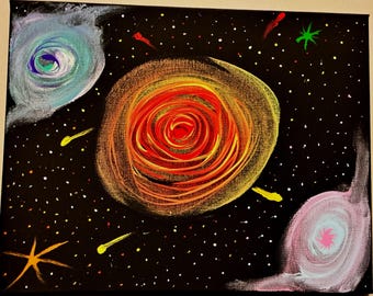 11x14 Stretched Canvas Painting: Swirling Galaxies, Stars, Comets – Celestial Art