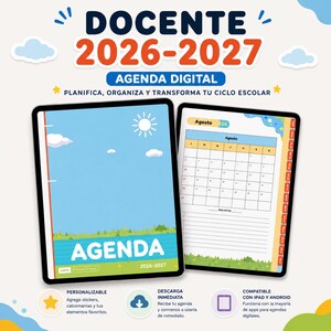 Puede incluir: Una agenda digital para el ciclo escolar 2026-2027 titulada DOCENTE 2026-2027 AGENDA DIGITAL. La portada muestra un cielo azul, sol y paisaje verde. La página interior presenta un calendario de agosto con pestañas y líneas para notas.