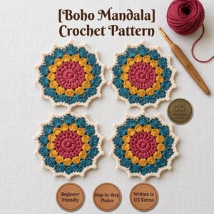 May include: Four circular crochet mandalas featuring concentric rings of magenta, mustard yellow, and teal, finished with a cream-colored scalloped edge. Includes a wooden crochet hook, a ball of magenta yarn, and text labels for the pattern.