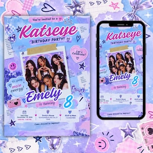 May include: A digital birthday party invitation template featuring a purple and blue collage design with a photo of five people, the text Katseye Birthday Party, Emely is turning 8, and event details including date, time, location, and RSVP information.