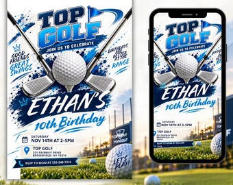 Golf Birthday Invitation, Top Golf Party Invite, Boys Sports Birthday, Driving Range Printable Card, Canva Editable  Template