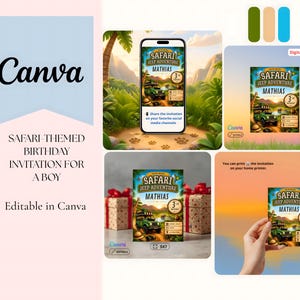 Puede incluir: Una plantilla de invitación de cumpleaños digital con temática de aventura en jeep safari, con el texto Safari Jeep Adventure, Mathias y 3rd Birthday. El diseño incluye un jeep verde, paisaje de selva y campos editables.