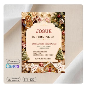 Puede incluir: Una tarjeta de invitación de cumpleaños rectangular con un centro color crema con el texto JOSUE IS TURNING 4! BAKING UP SOME CHRISTMAS FUN! rodeada de galletas de jengibre, árboles de Navidad y galletas en forma de estrella.