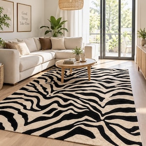 Zebra Print Rug Black Cream Animal Print Area Rug Modern Boho Living Room Bedroom Decor Statement Floor Rug