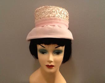 Vintage Womens Pink Hat Pillbox with Rim Weave Easter Bonnet Spring Accessory Maxine Union Made Label