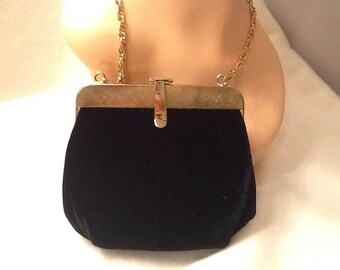Vintage Womens Evening Purse Bag Clutch with Gold over Shoulder Chain Black Velvet Gold Clasp Ande